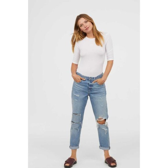H&M Denim - H&M | Boyfriend Low Waist Ripped Jeans Button Fly Straight Leg Sz. 26